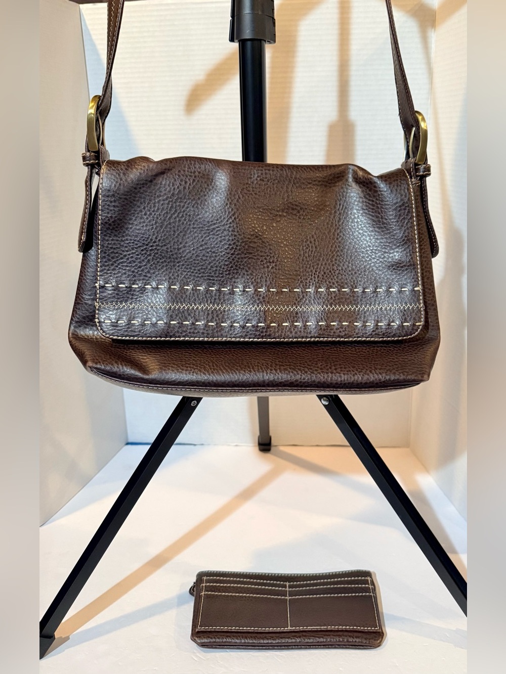 Vintage Liz Claiborne Brown Flap Over CrossBody Leopard Lined Purse & Wallet EUC
